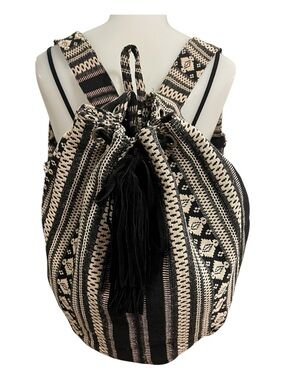Woven Black & Cream Boho Drawstring Backpack with Leather Tassels
